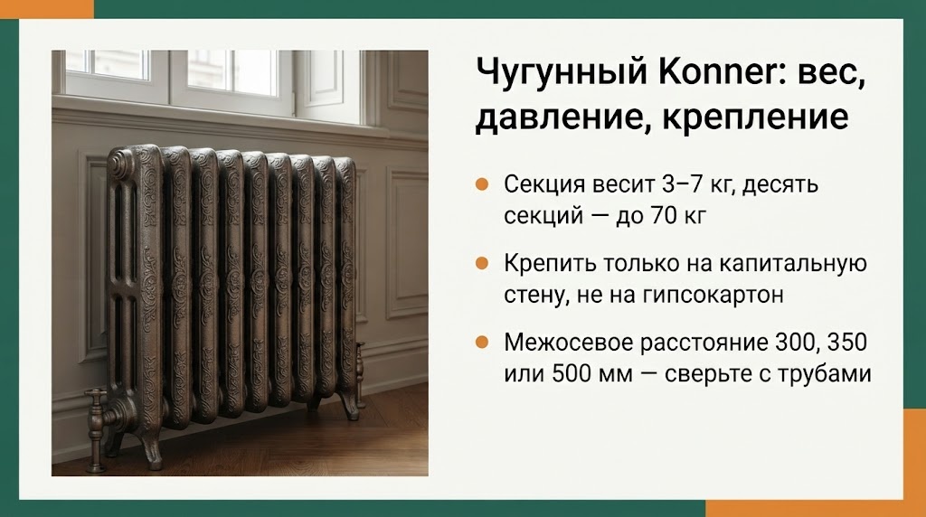 Чугунный Konner: вес, давление, крепление