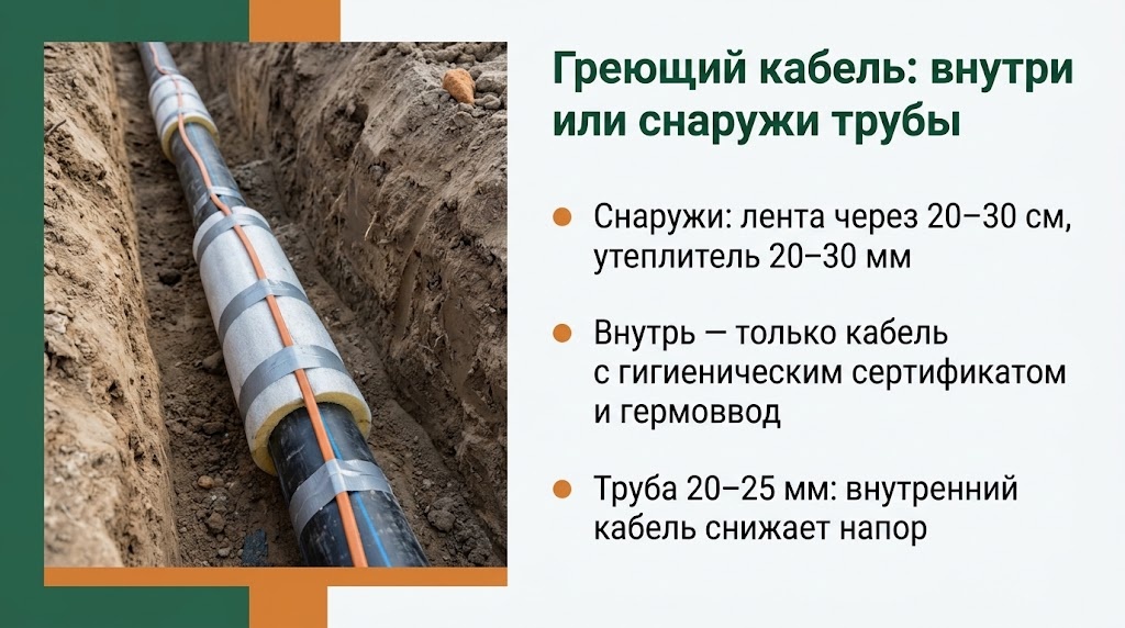 Греющий кабель: внутри или снаружи трубы