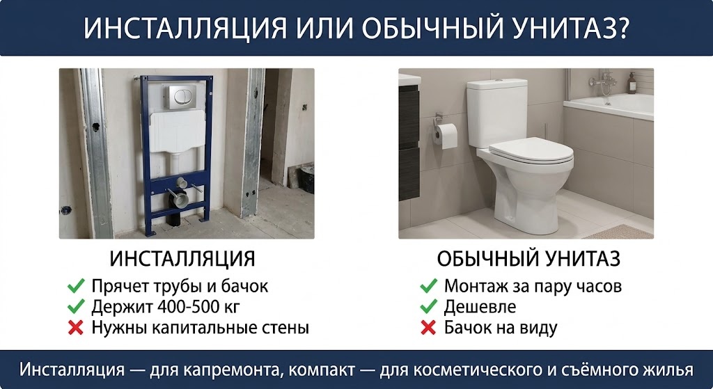 Сравнение инсталляции и обычного унитаза