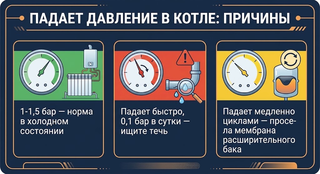 Причины падения давления в котле